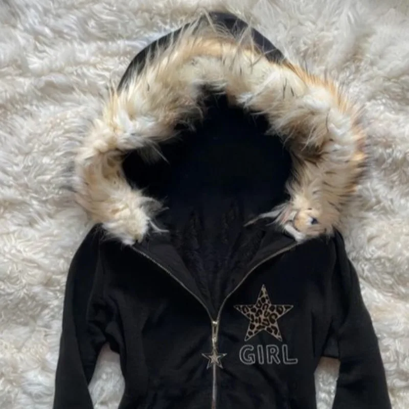 

Kimutomo Women Jackets Vintage Leopard Printed Hooded Furry Patchwork Star Letter Y2k Aesthetic Grunge Sweatshirts Outwear Coats