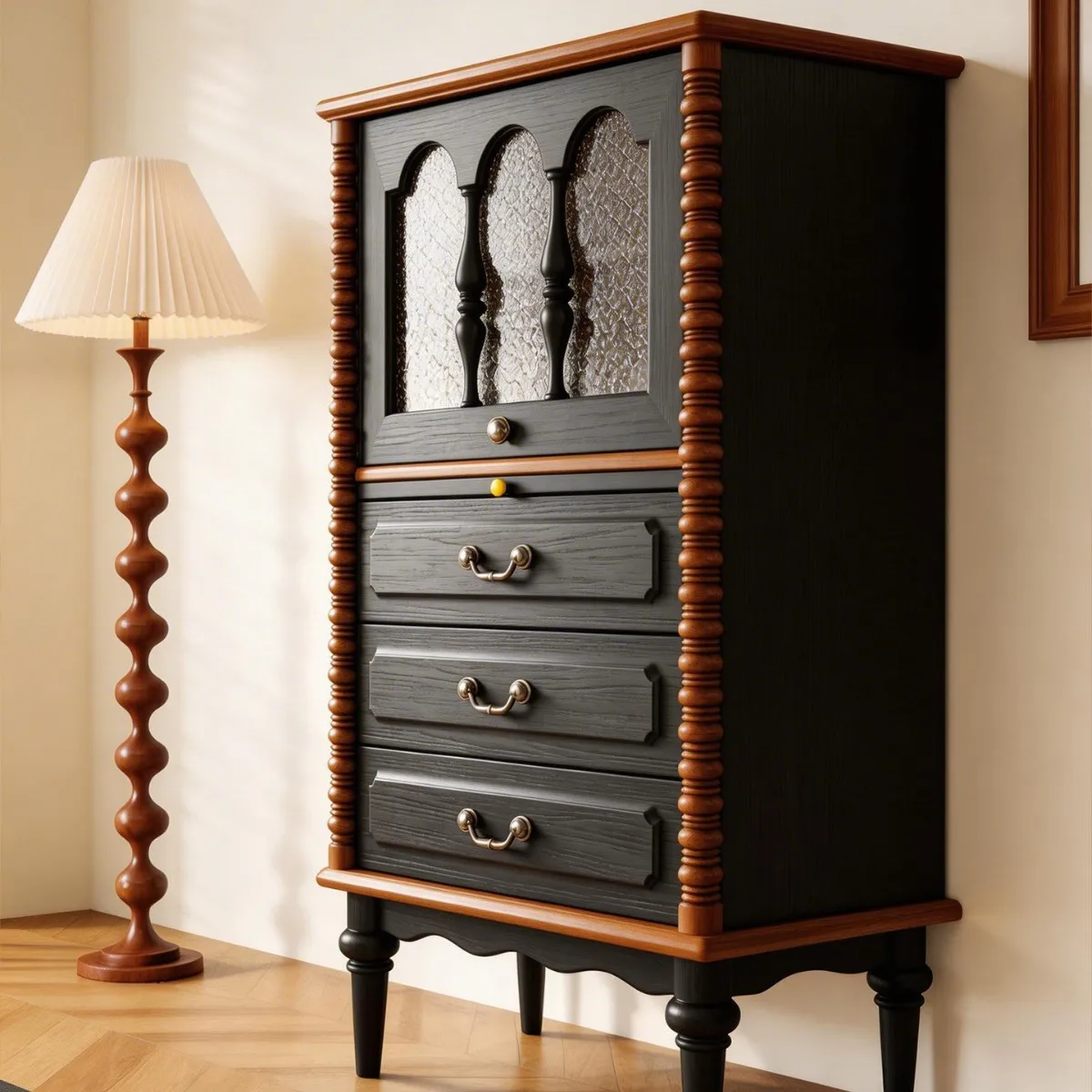 HYS medieval solid wood dining side cabinet storage cabinet living room home locker high-end floor cabinet three drawers upturn