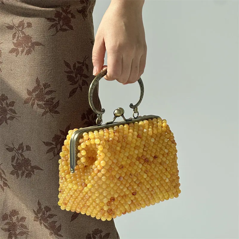 Women's Retro Beaded Handbag Fashionable Luxurious Design Evening Clutch Bags French Vintage Clip Crossbody Bags