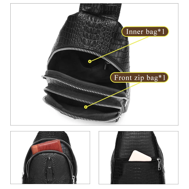 SCHLATUM 100% Genuine Leather Sport Casual Crossbody Bag for Men Shoulder Bag Black Crocodile Pattern Chest  Bag