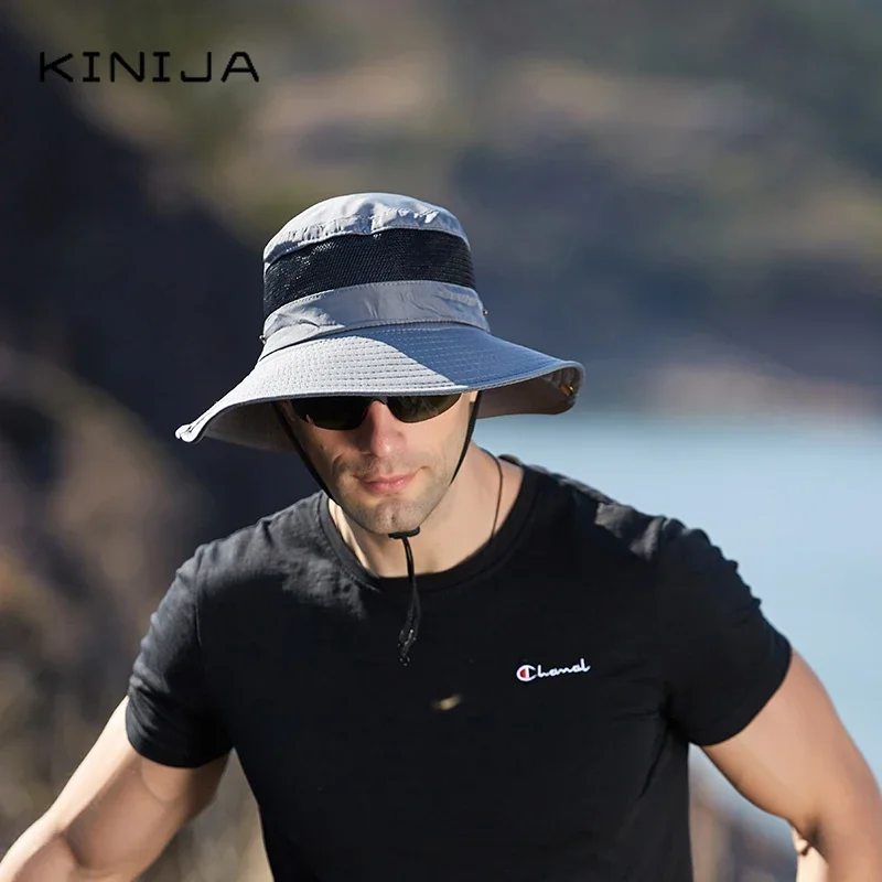 New summer men Quick drying Button sunshade fisherman hat outdoor climbing tourism fishing big brim sun protection bucket cap