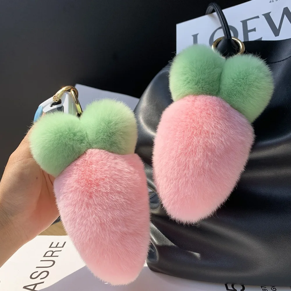 Fashion Cute Fruit Plush Carrot Key Ring Decoration Ornaments Rabbit Fur Keychain Bag Charm Kawaii Fluffy Ball Pendant Backpack