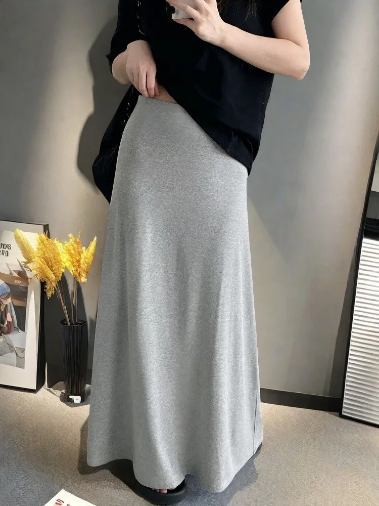 

Grey A-line midi skirt, mid length, women's high waist, hanging feeling, loose and versatile, casual and simple long skirt