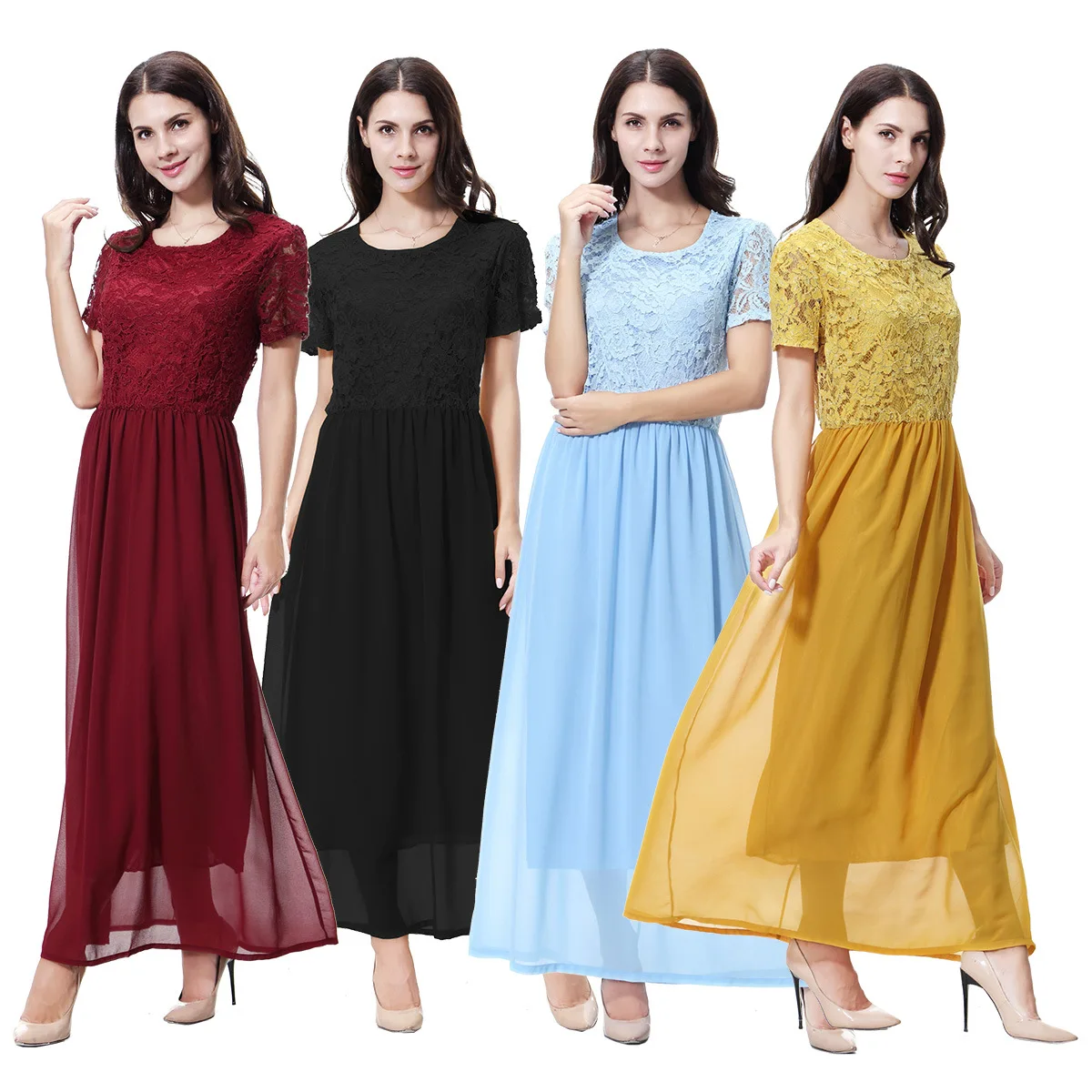 

Middle East New Fashion Muslim 2025 Women's Solid Color Lace Casual Trendy Loose Elegant O-neck Short Sleeve Ankle Length Dress