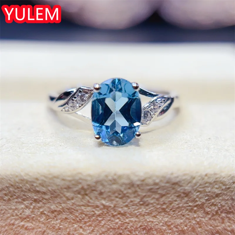 YULEM Silver 925 Ring with Natural London Blue Topaz 6x8mm Fine Jewelry for Women