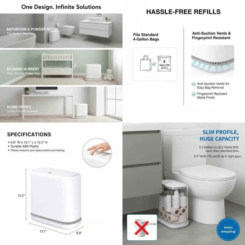 

Slim 3.3 Gallon Trash Can with Lid, Odor-Proof Bathroom Bin, Fits 4 Gallon Bags, Modern White Waste Basket for Nursery Use