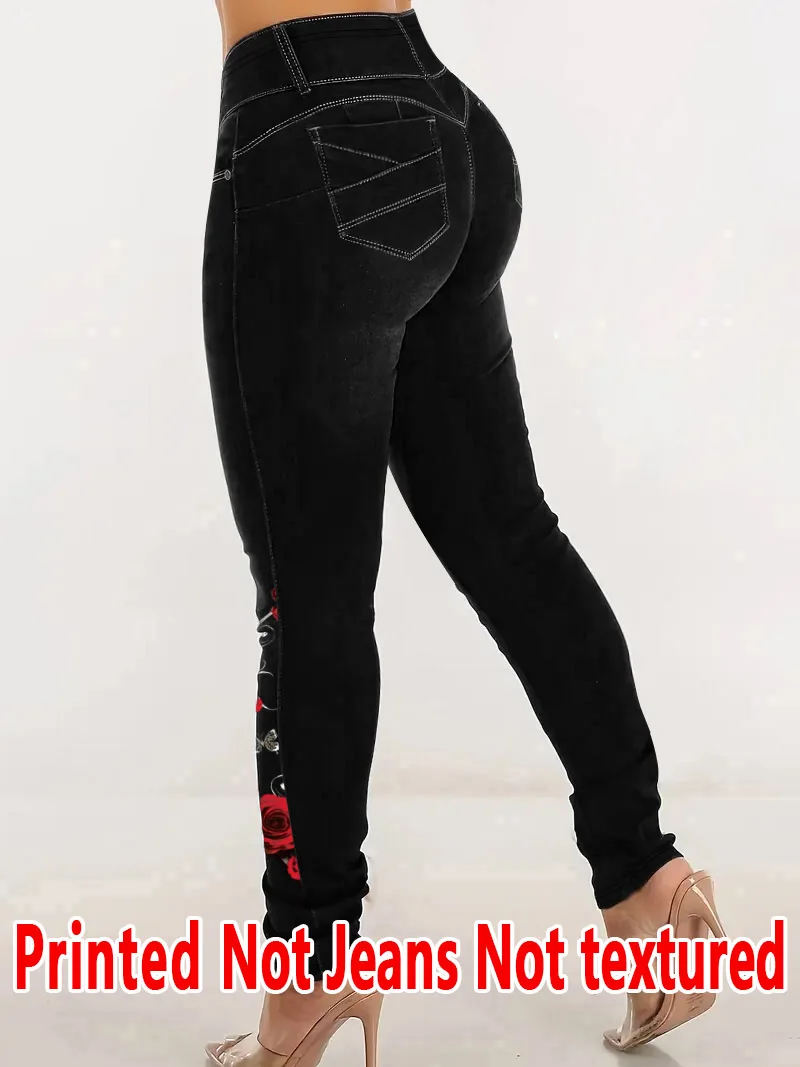 1334  Ladies Printed Slim Fit Pants Non- Denim Fabric Floral Print Base Layer Trousers for All Seasons