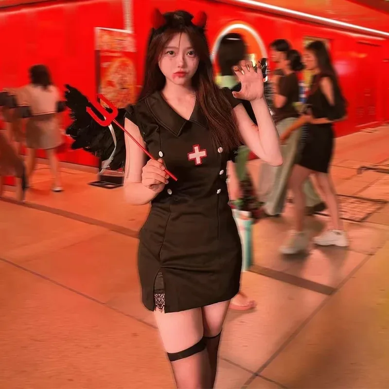 여성을위한 섹시한 할로윈 코스프레 의상 간호사 복장 흑백 매혹적인 제복 파티 공연 클럽 댄스 jk;6