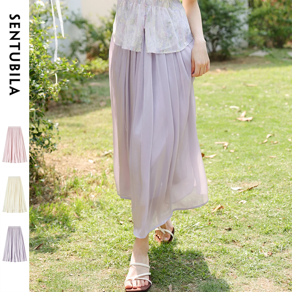 

SENTUBILA A-Line Midi Skirt For Women's Summer 2025 New Style Elegant Vacation Elastic High Waist Comfort Dance Skirt W52QA1636