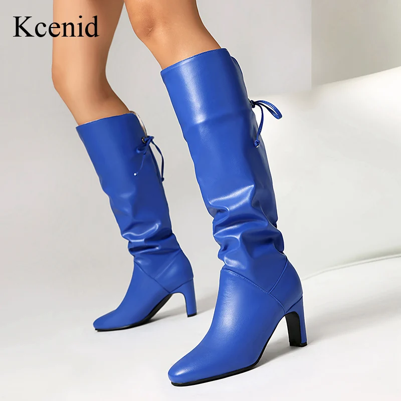 

Kcenid New Women's Winter Boots Fashion Shoes Women Knee High Motorcycle Boots Sexy Pointed Toe High Heels Female Botas Blue