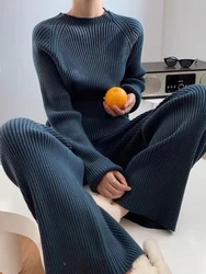 Women Knitted Tracksuit Autumn Oversized Sweater Pullover High Waist Wide Leg Pants Suit Casual Warm Winter Two Peice Sets Women