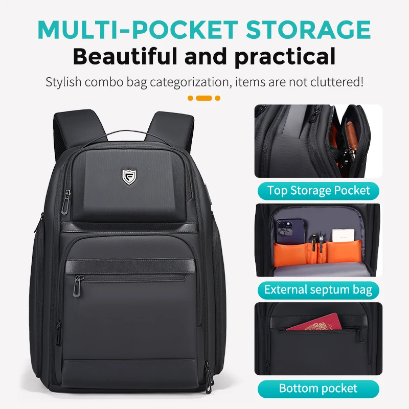 Fenruien Men 36L Business Backpack USB Waterproof Multi Pocket Backpacks Fit 17.3 Inch Laptop