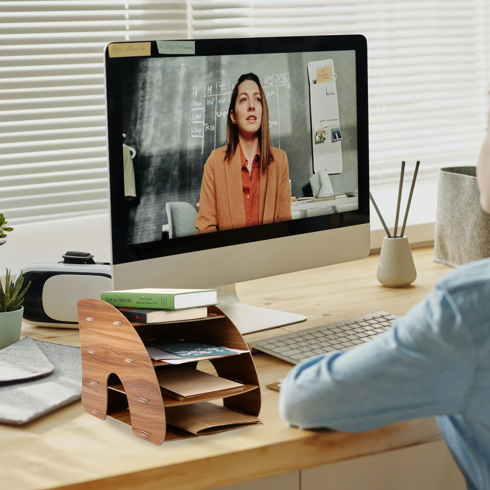 

Wooden File Organizer Storage Shelf Multi-Layer Storage Box Versatile Compartments Pens Scissors Notebooks Modern Design