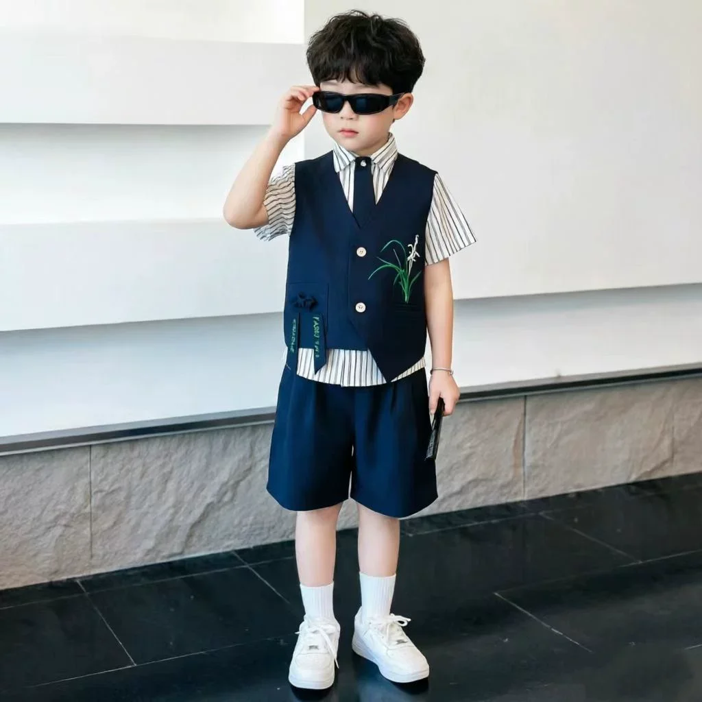 Boys' New Chinese Style Bamboo Rhyme Embroidered Vest Flower Boy First Birthday Suit Host Stage Performance Costume