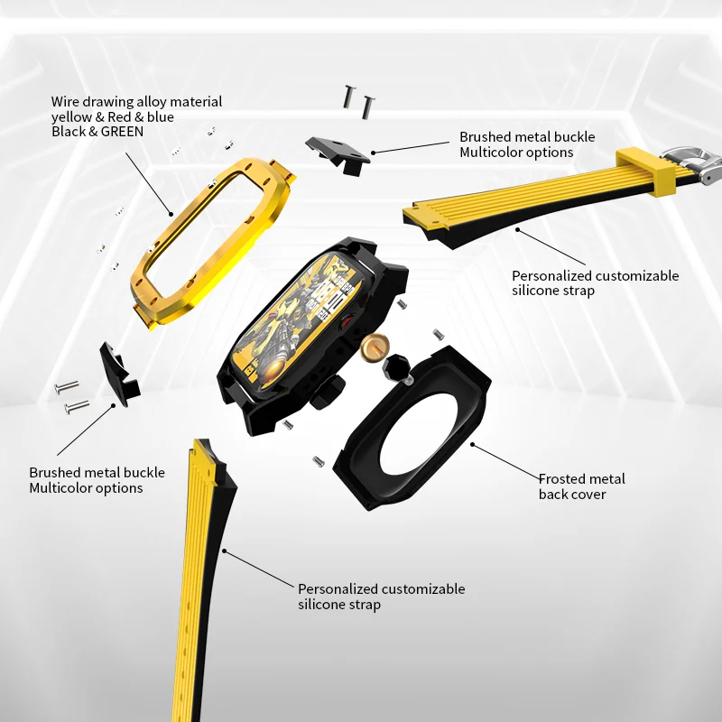 Kit de modificación de lujo para Apple Watch Series 7, 6, 5 SE, funda resistente de 45mm para hombre, cubierta de Metal + correa deportiva de silicona