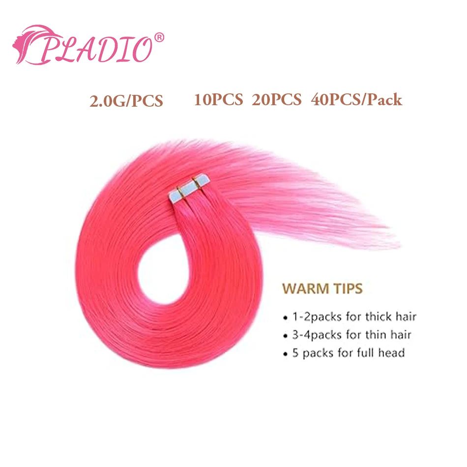 PLADIO Colorful Tape in Human Hair Extension Straight PINK Highlights Hair Extension Real European Natural Hair Extension 2G/PC