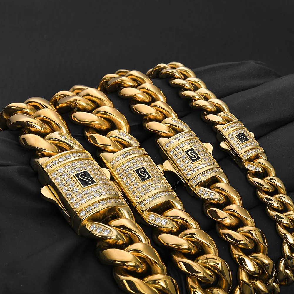 Hip Hop Bling 14k Gold Color Stainless Steel Cuban Miami Necklaces CZ Zircon Spring Lock Monaco Chain for Men Rapper Jewelry