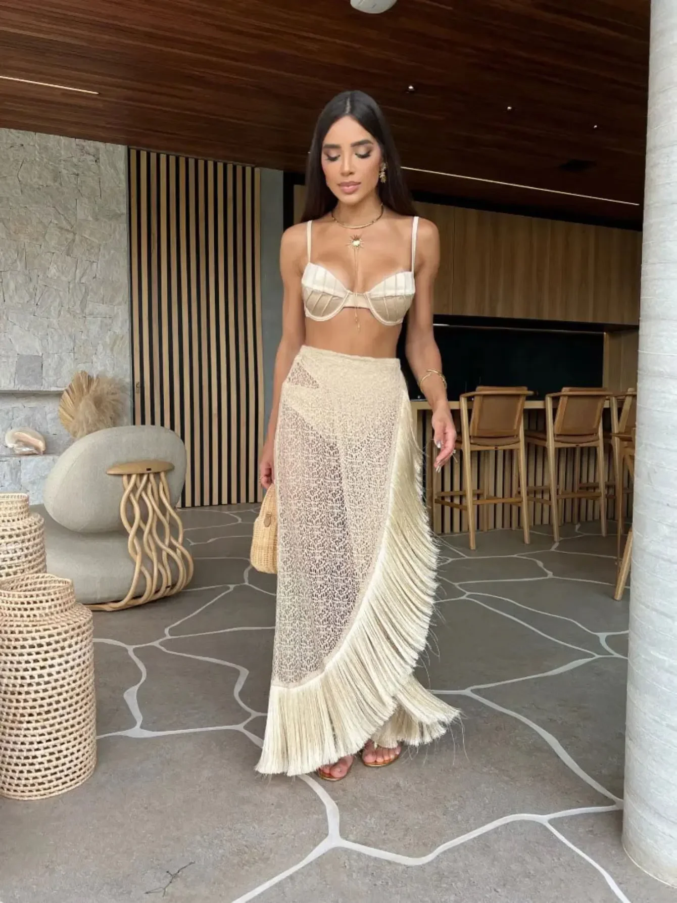 

Swimsuit 3 Pics Set with Tassel Skirt Bikini Women Swimsuit Button High Waist Swimwear Bathing Suit Beachwear Biquini