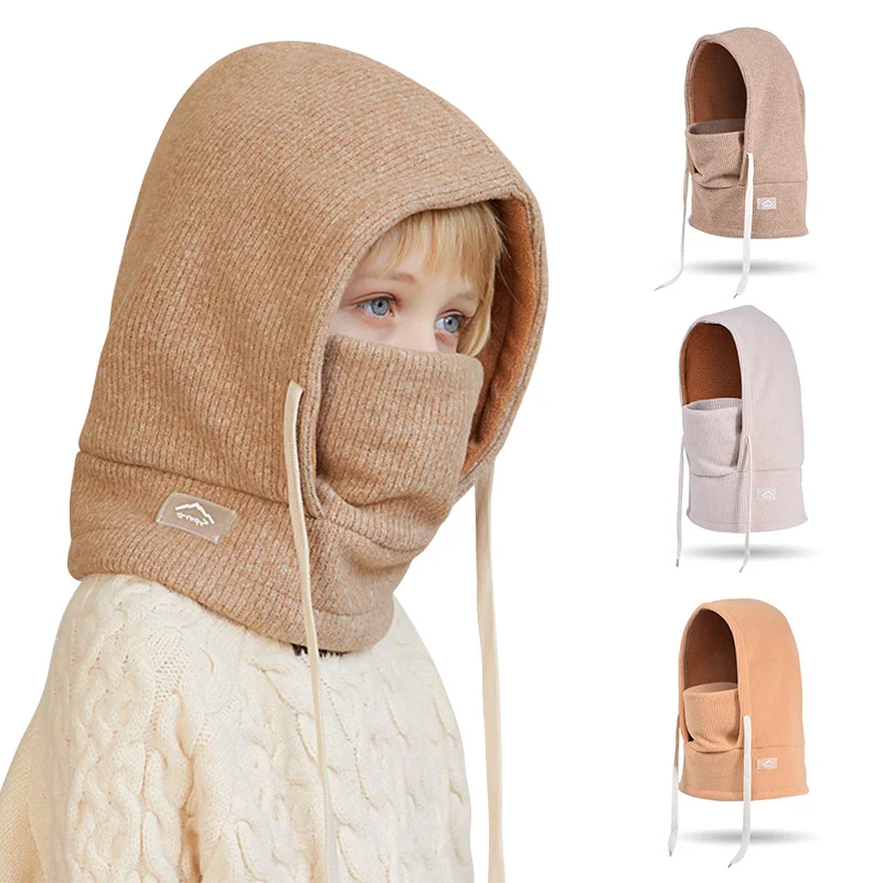 Trendy Children\'s Hat Mask Scarf One-Piece Boys Warm Plus Velvet Ear Protection Caps Winter Casual Solid Color Cold-Proof Hats