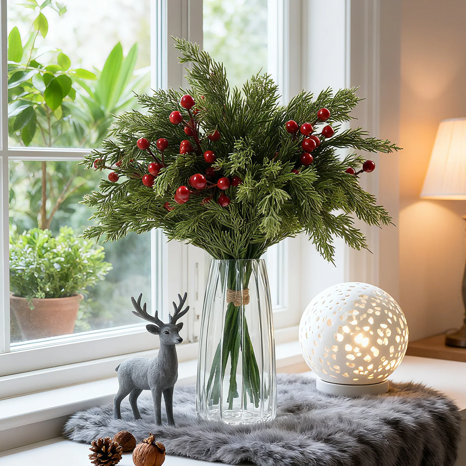 

Festive Christmas Bouquet with Pine Needles and Red Berries, 17.7 Inch Holiday Home Decor Gift for Hostess, Neighbor, or Family