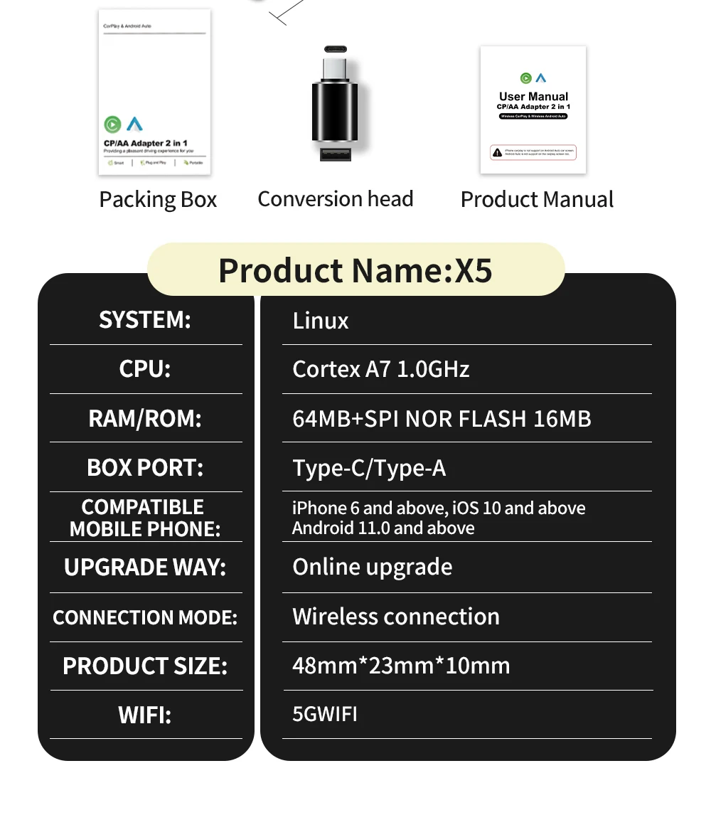 X-YUNS 2026 2-in-1 Kabelgebundener zu Kabelloser CarPlay und Android Auto Mini-Adapter 5GHz WiFi5 für 99% der Original Kabelgebundenen CarPlay/Auto-Fahrzeuge – Detail 14