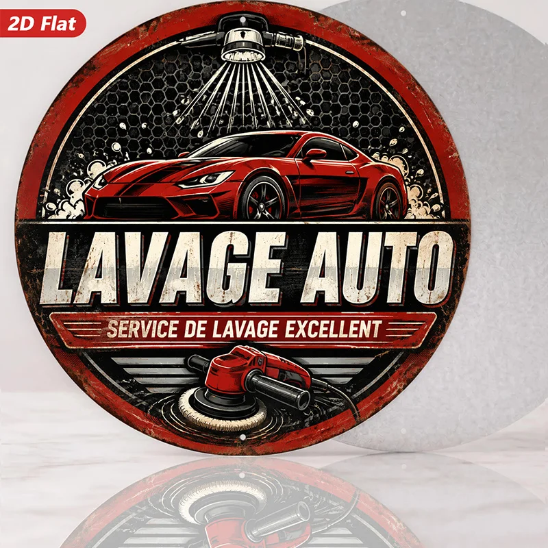 2D Flat, 1pc Luxury Car Wash Round Metal Sign Wall Art, Red Sports Car, Perfect for Entryway Study Kitchen, High Pressure Wash,