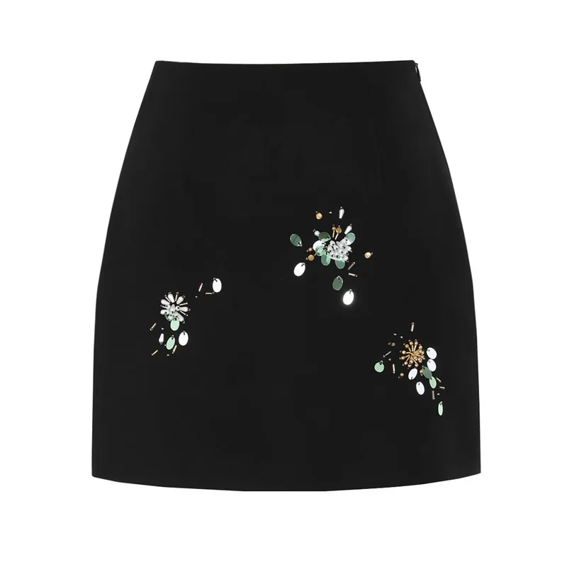 Women Black Solid Skirt A-Line Mini Beading Skirt