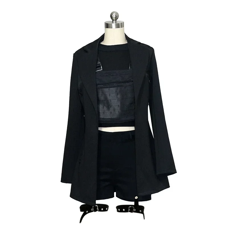 Kpop coreano Celebrity show nero hip hop gilet corto giacca con risvolto cappotto top + sexy minigonne a vita alta pantaloncini slim abiti da donna