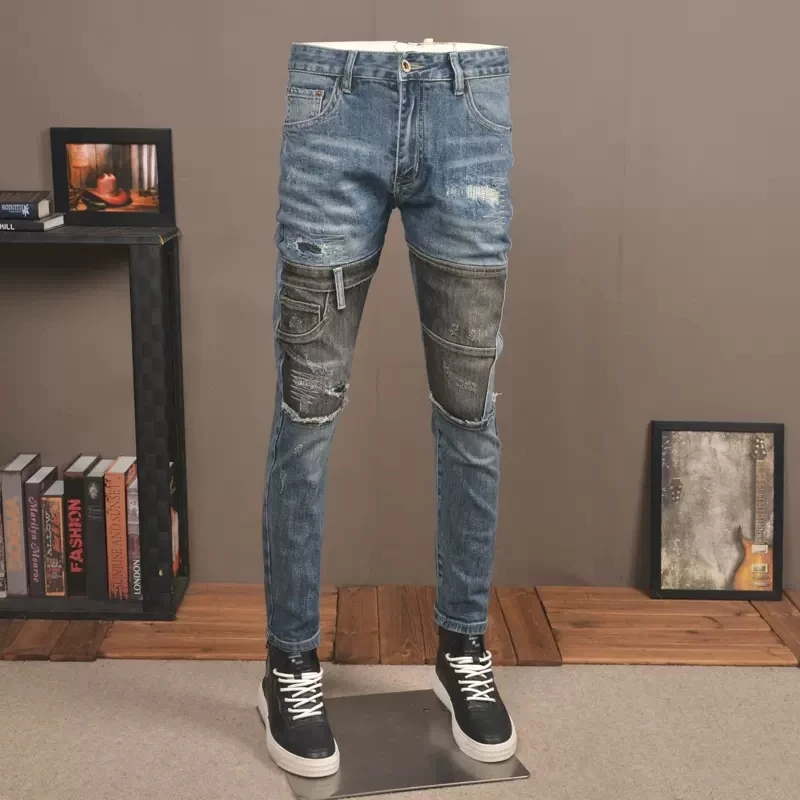 Fashion Streetwear Men Jeans Retro Blue Stretch Slim Fit Vintage Ripped Jeans Men Trousers Patched Designer Hip Hop Pants Hombre