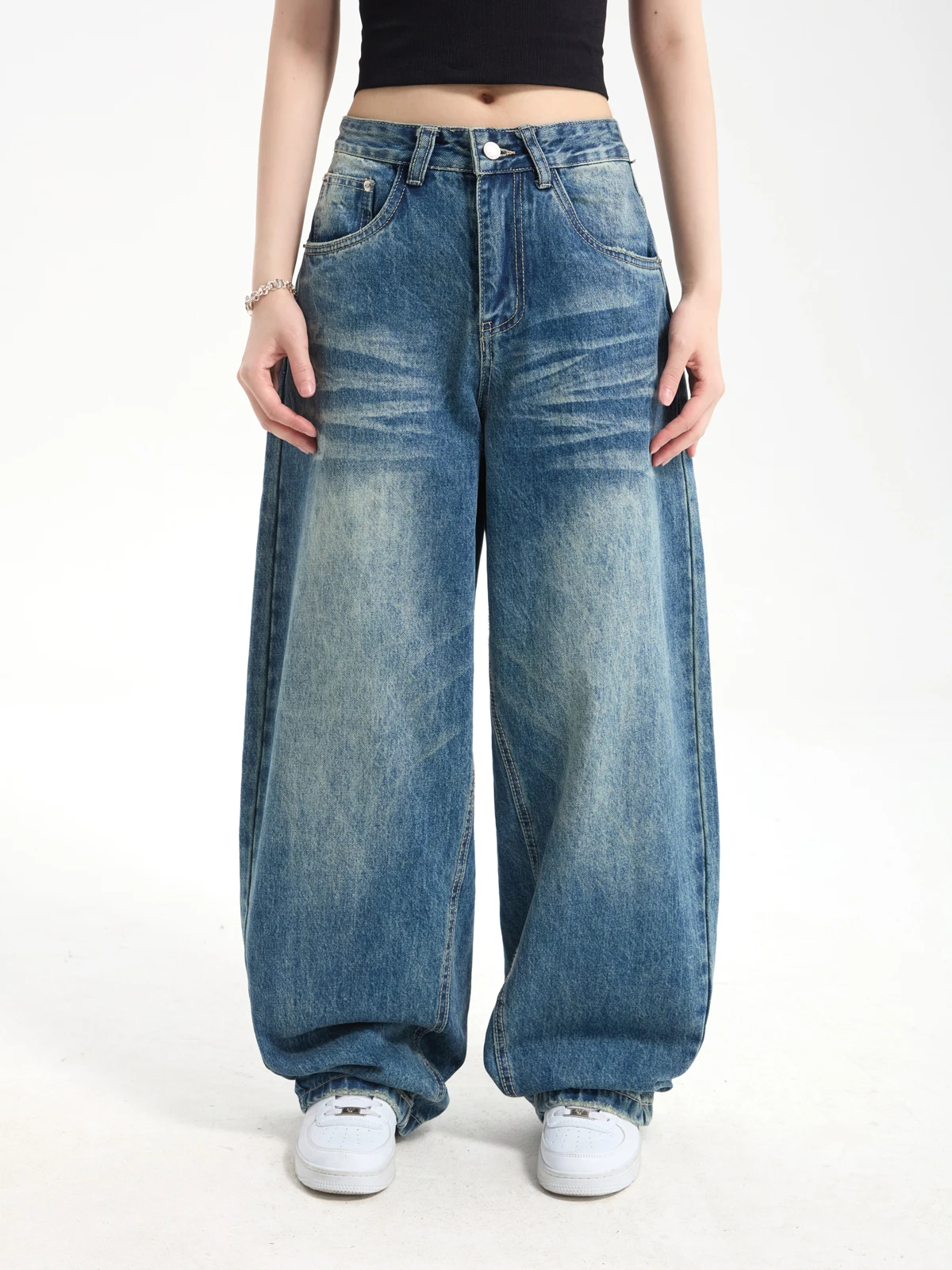 

7KEEWEN Spring American Retro Loose Fit Streetwear Straight Leg Wide Leg Jeans Casual Waed Denim Pants Versatile Long Trousers