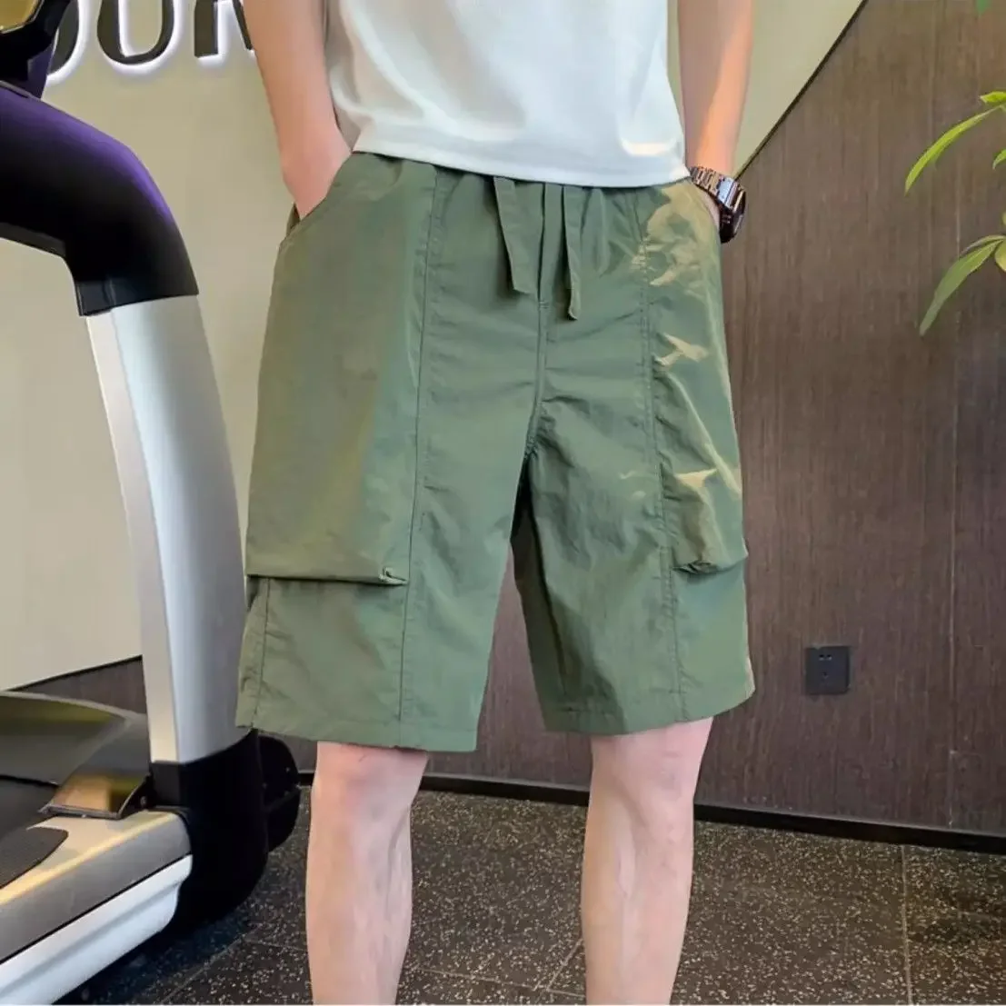 Bermuda Elastic Waist Long Loose Baggy Solid Male Short Pants with Draw String Pockets Men's Cargo Shorts Wide Half Distressed