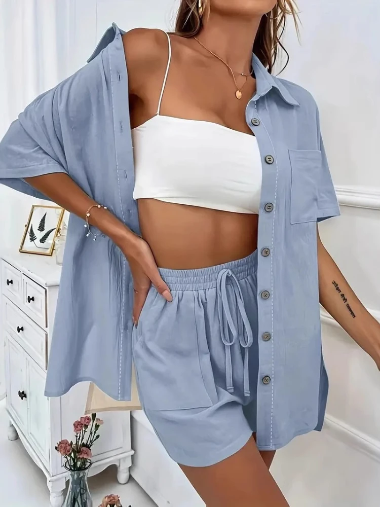 

New Summer Short Sets Fashion 2 Piece Set Solid Color Long Sleeve Shirt Women Casual Loose Single-breasted 2 Piece Sets Outfits