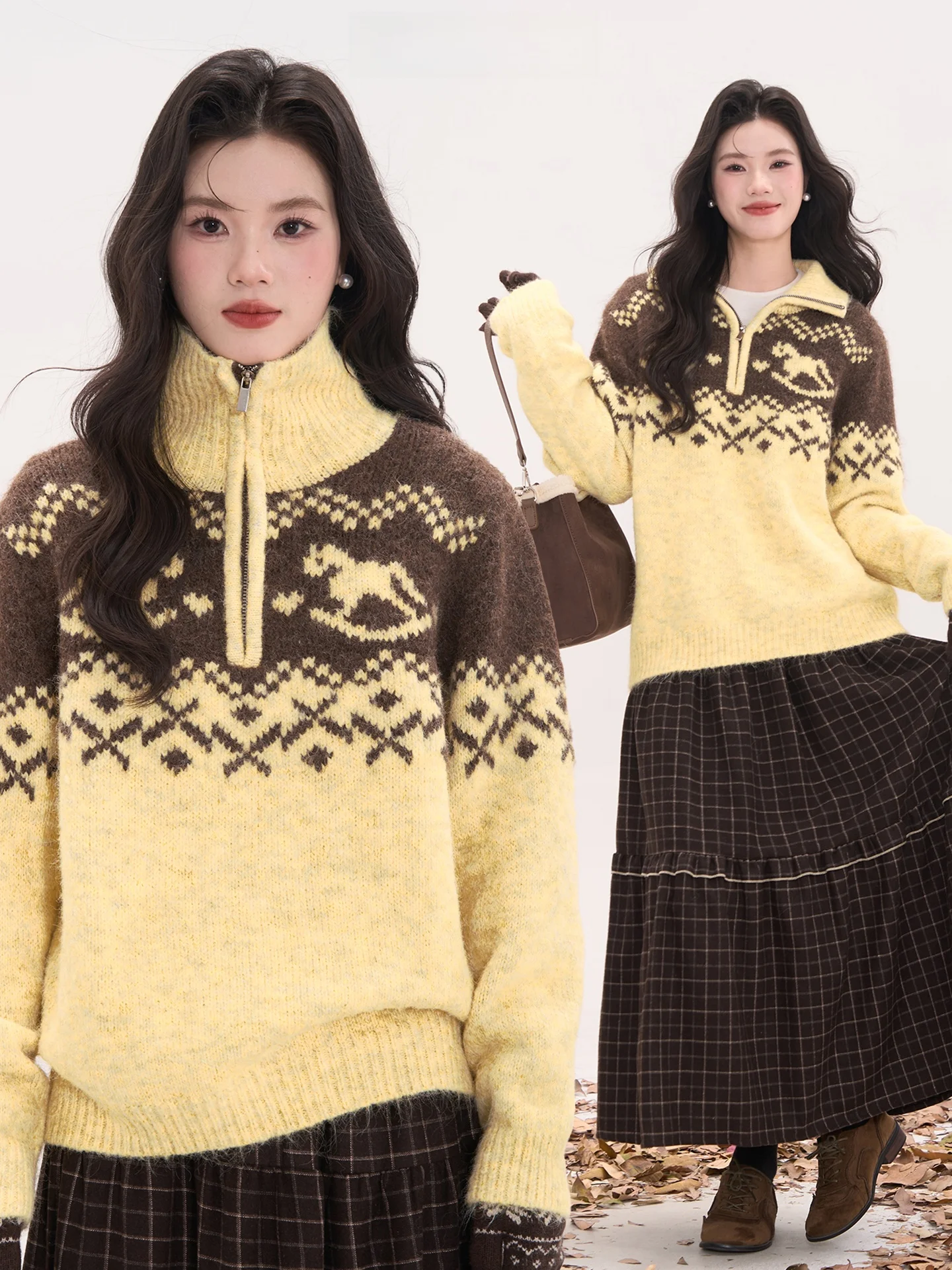 

Heme 3 Woolen Winter Knitted Sweater Women's Zipper Collar f-Zip Casual Sle Thiened Long Sve Loose Fit Knitwear