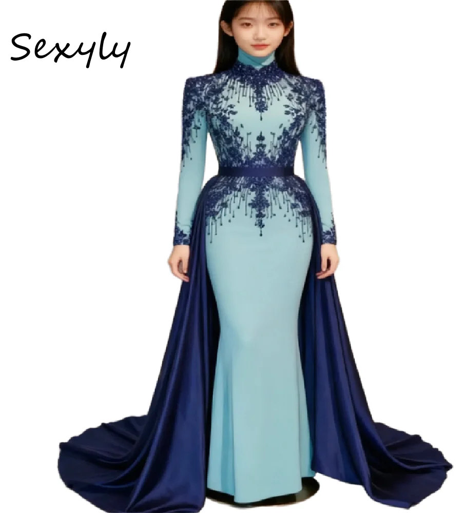 

Vintage Muslim Islamic Evening Dress With Overskirt Blue And Navy Long Sleeve Prom Dress Lace High Neck Mermaid Formal Prty Gown