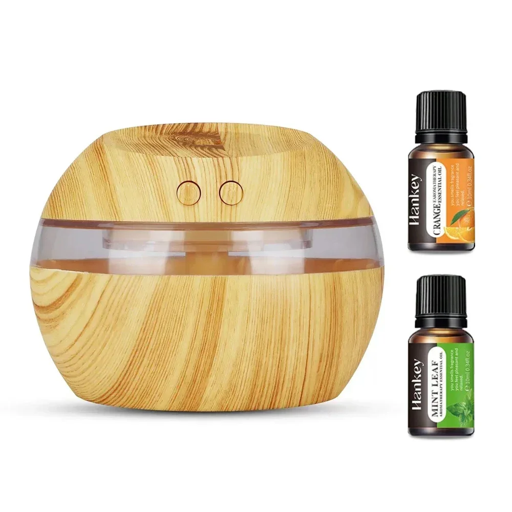 

300ml USB Wood Grain Humidifier & Aromatherapy Diffuser Touch Control, Night Light, 2 Essential Oils Included Perfect for Home