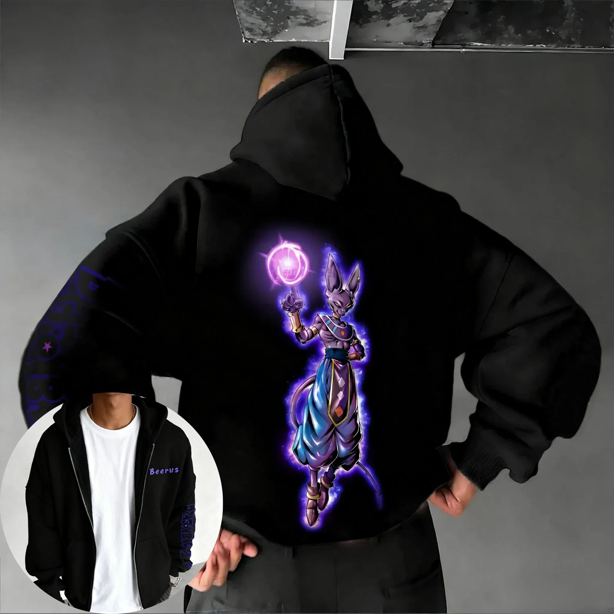 

Dragon Ball Anime Trendy Versatile Zipper Hoodie 2025 Autumn/Winter Men's New Beerus Printed Harajuku Casual Loose Sweater Top