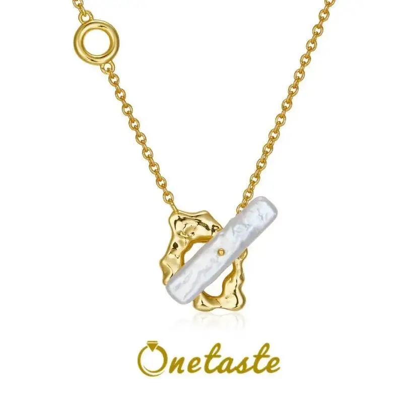 

925 Silver Gold Plated Circle Baroque Pearl Bar OT Lariat Necklace For Women Clearance Limited Stock First Come First Get