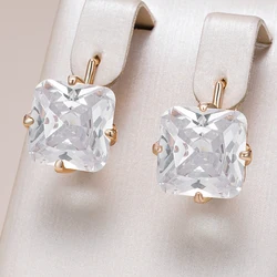 Kinel Hot Big Square English Earrings For Women Fashion 585 Rose Gold Color Shiny White Natural Zircon Accessories Daily Jewelry