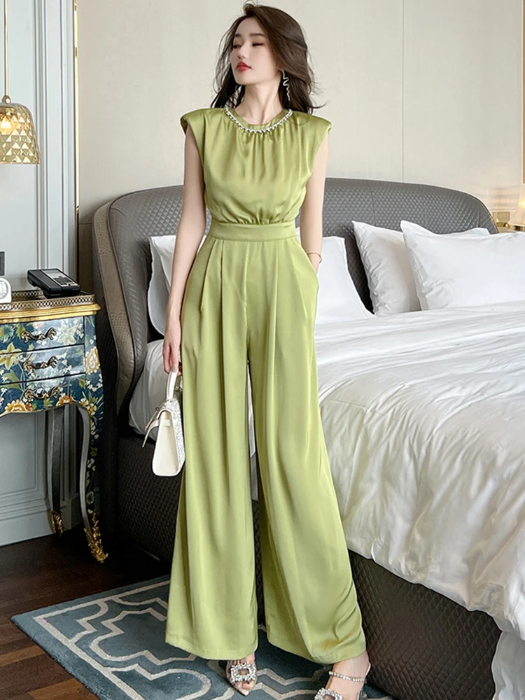 New Summer Long Jumpsuit Women Elegant Fashion Green Pockets Folds High Waist Wide Leg Pants Mujer Holiday Party Banquet Rompers