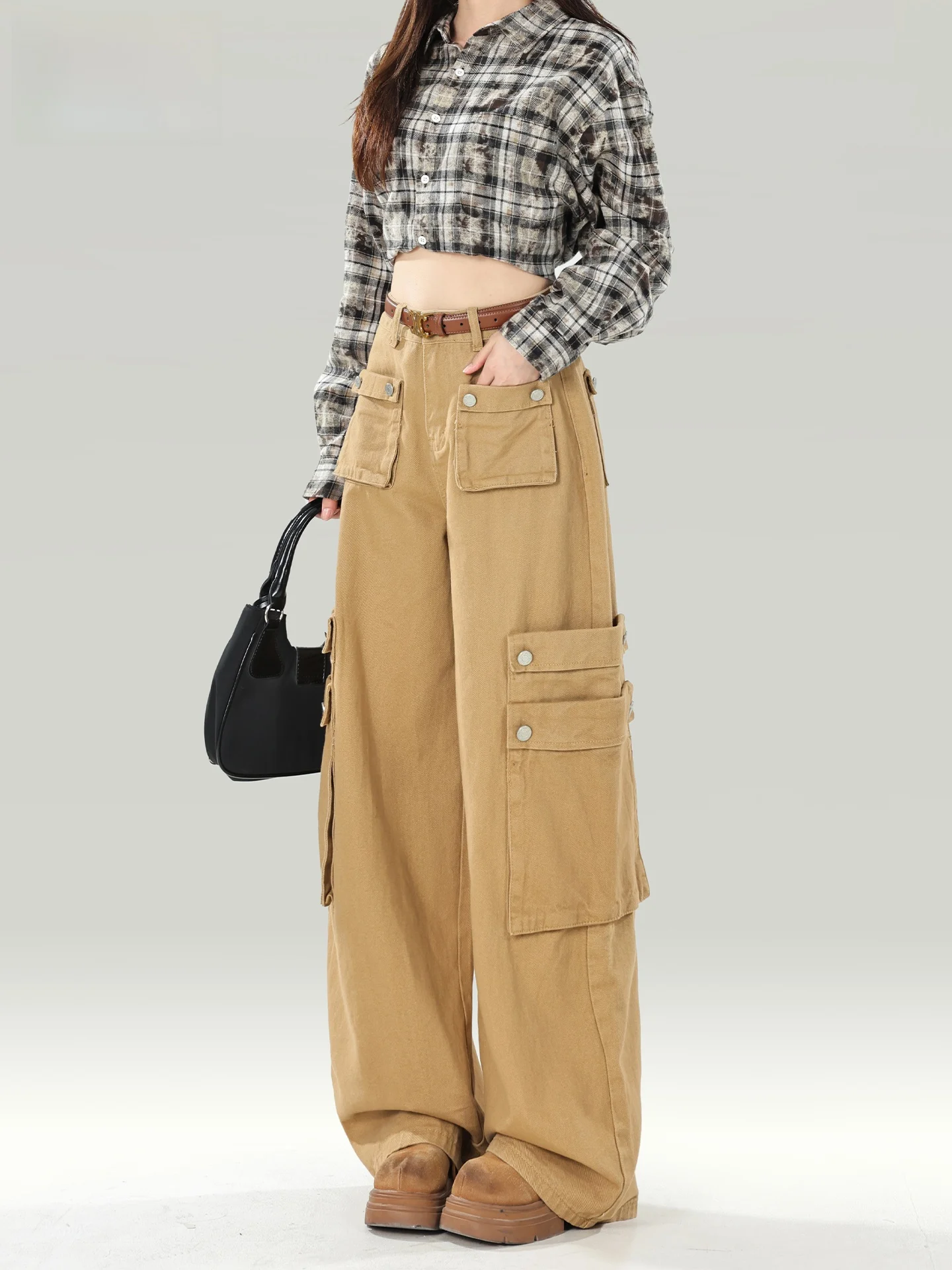 

Khaki High Waist Loose Wide Leg Retro Denim Jeans Women's Summer Trendy Loose Street Style Multi Pocket Casual Cotton Jeans