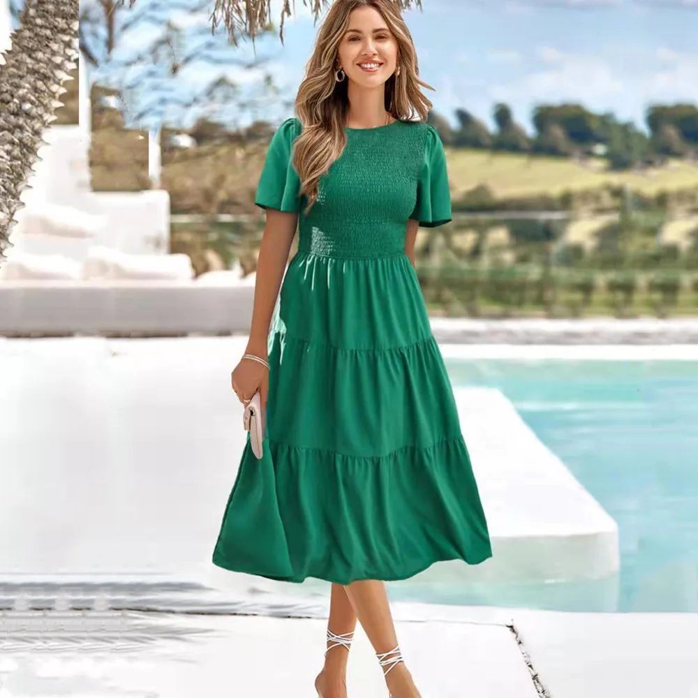 Vestido Midi feminino com decote redondo, manga curta folhada, bainha de babados, vestido verde elegante de festa, roupão praia, primavera, verão