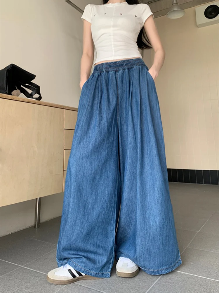 2024 Summer Fashion Denim Wide Pants Womens Loose Jeans Ladies Leisure Vintage Elastic Waist Trouser