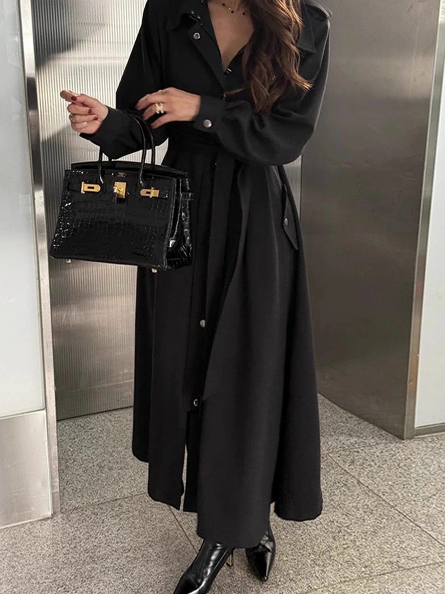 

Slimming Belted Stand Collar Single Button Women's Jaet Coat Long Sve Commute Sle High Waist pe Autumn New Arrival