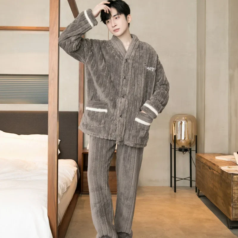 2024 New Men Winter Warm Flannel Pajamas Set V-neck Fluffy Coat + Long Pants Male Sleepwear for Sleeping 2 Pieces Housewear 3XL