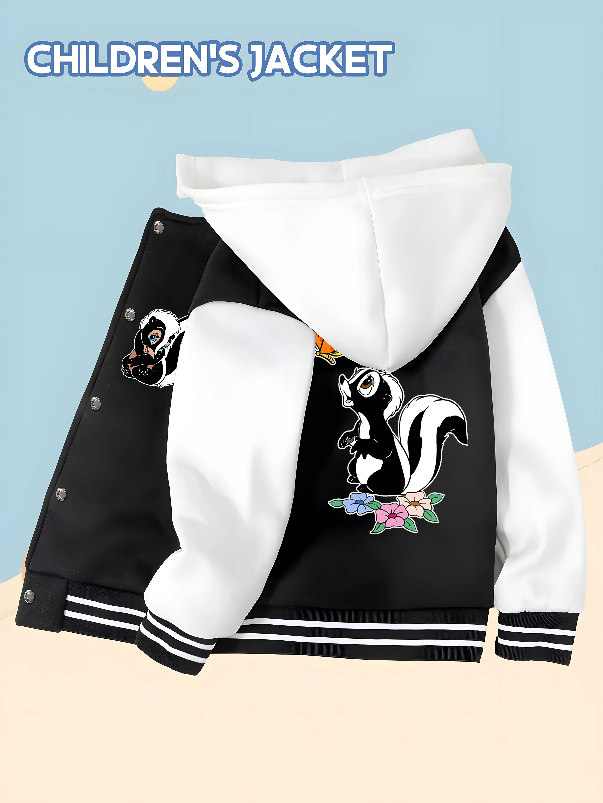 

MINISO Disney Butterfly Skunk Kids Baseball Boys Jacket - Reversible Romantic Print,Skunk and Butterfly Flower Print,Comfortable