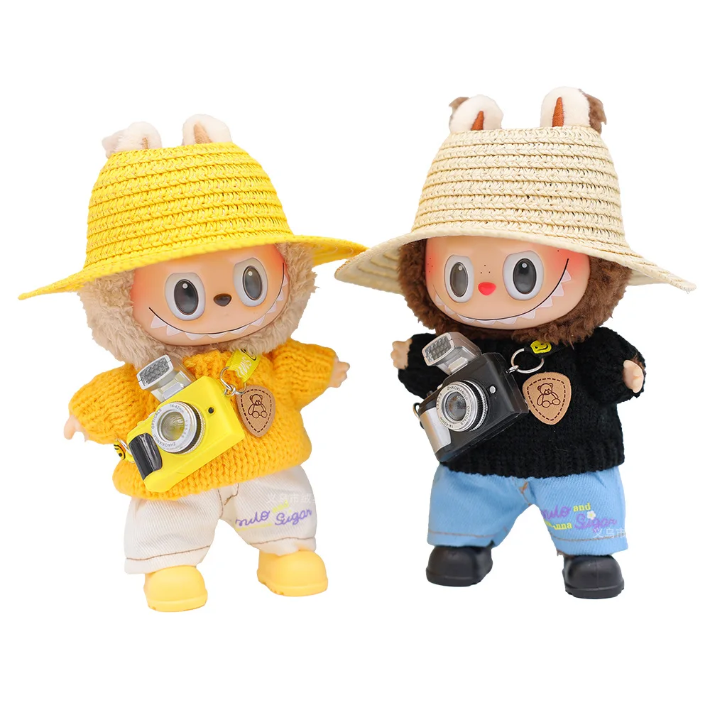 Labubu suéter versatile creativo, pantalones vaqueros, sombrero de paja, conjunto de zapatos