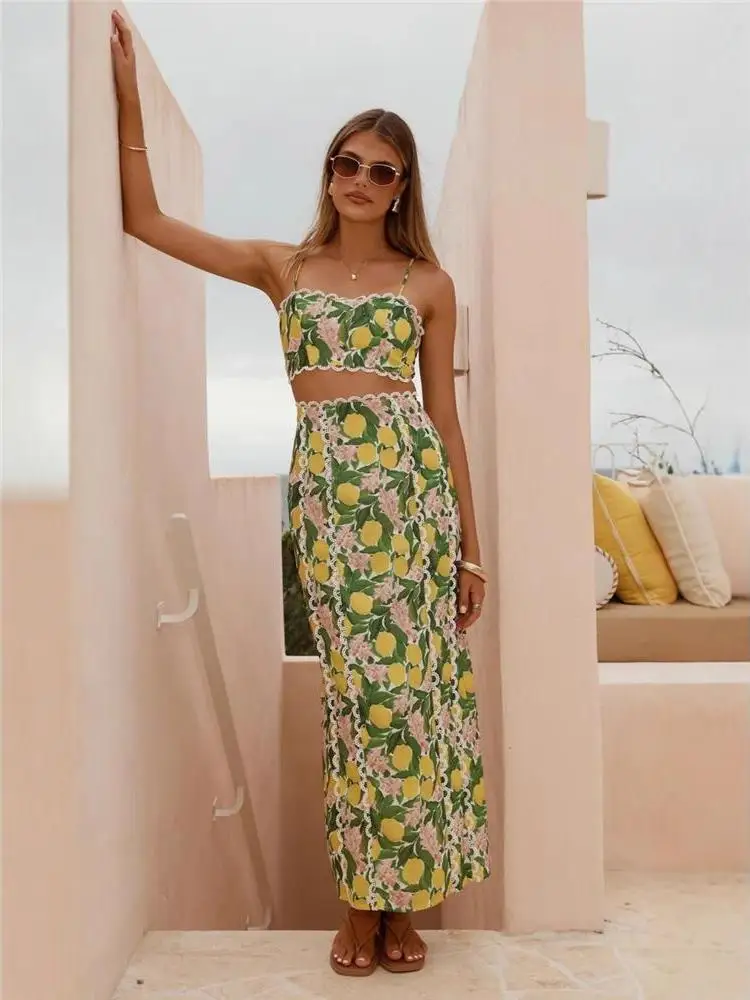 

Chic Lace Trim Halter Neck Linen Split Set Vest Dress Women Casual H-Line Skirt Suit Summer Fashion European Style No Brand
