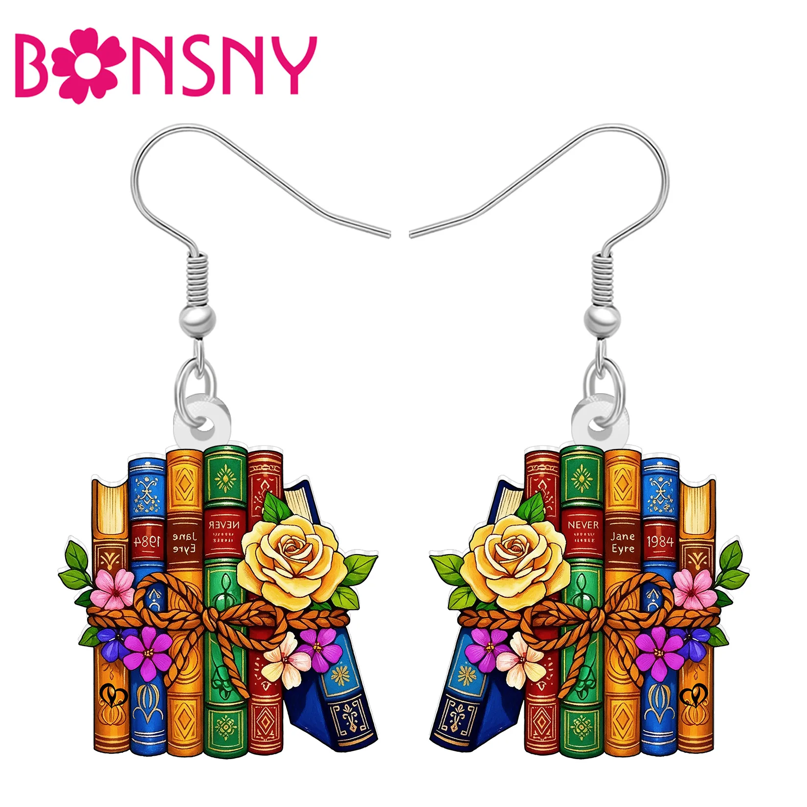 BONSNY Acrylic Floral Stacked Books Dangle Earrings Elegant Rose Bookplie Jewelry Bookish Gifts For Women Bookworm Reader Charms