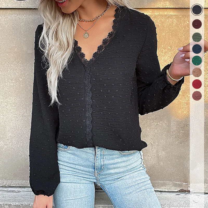 

Spring Autumn New in Long Sleeve Solid Color Shirt for Women's Elegant V-neck Fashion Casual Loose Shirt for Women's Top