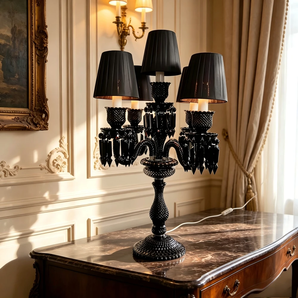 Luxury Baroque Black Crystal Table Lamp E14 LED Candlestick Floor Lampshade for Restaurant Wedding Lighting Abajur